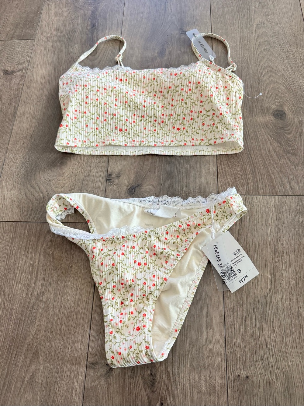 Forever 21 Cream Floral Lace-Trim Bikini Set